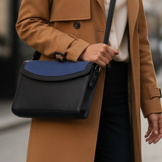 sac en cuir bleu haute de game, produit de luxe, colombes, artisanat d'art